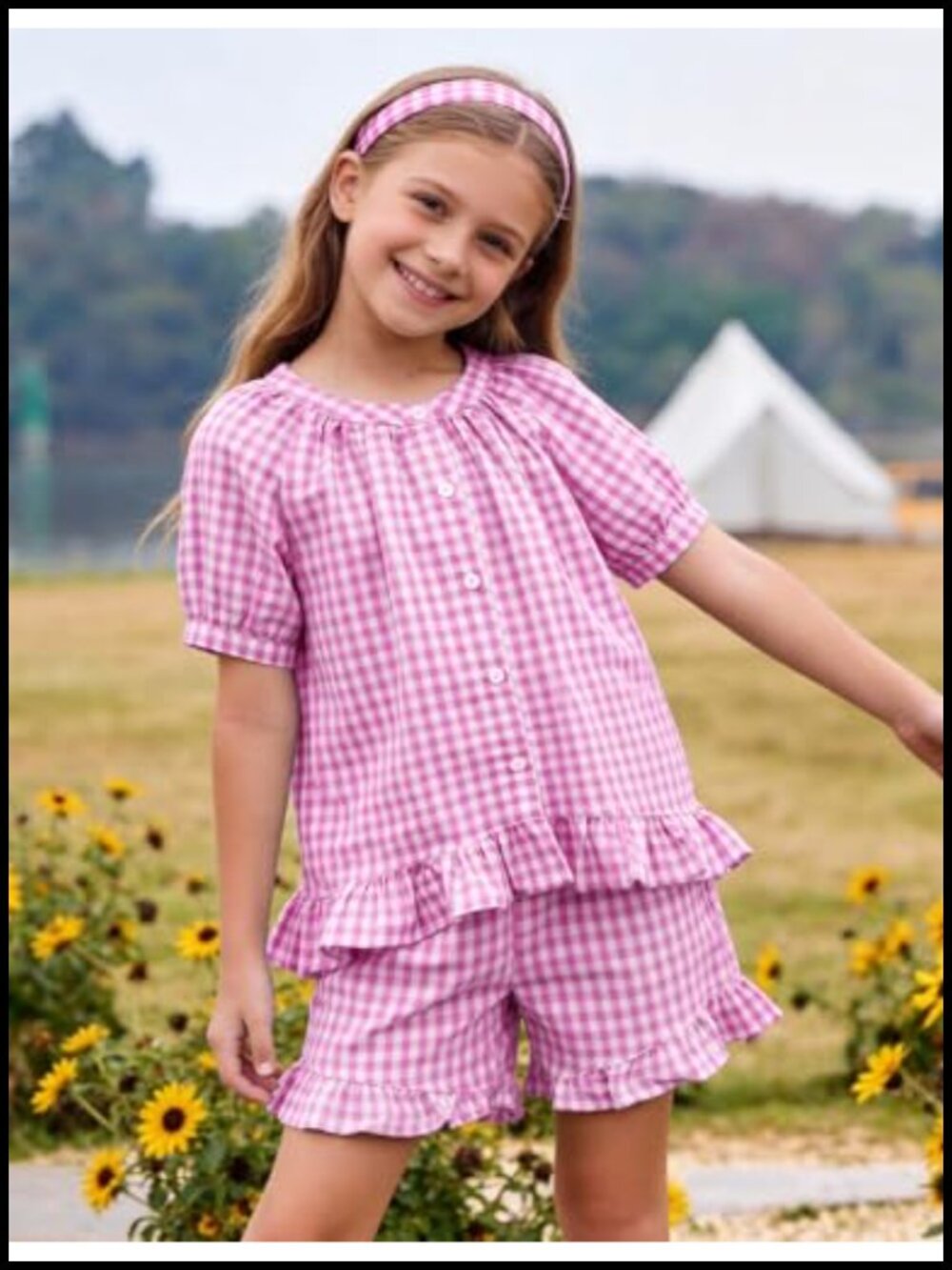 Girls Cotton Gingham 2 Piece Set Puff Sleeve Top Ruffle Shorts - Picture 3 of 6